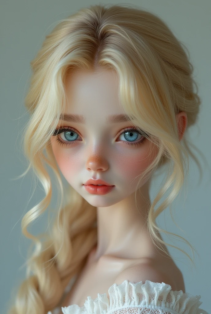 Girl with blonde hair and blue eyes who look like unreal like a bjd doll but still builded as normal human with soft feature