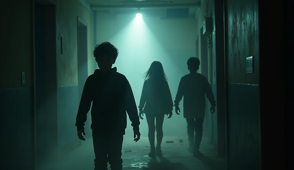front view of Three students cautiously walking through a dark, dusty corridor in an old
dormitory. They are holding flashlights that cast narrow beams of light, illuminating the
thick dust in the air and the eerie, abandoned surroundings