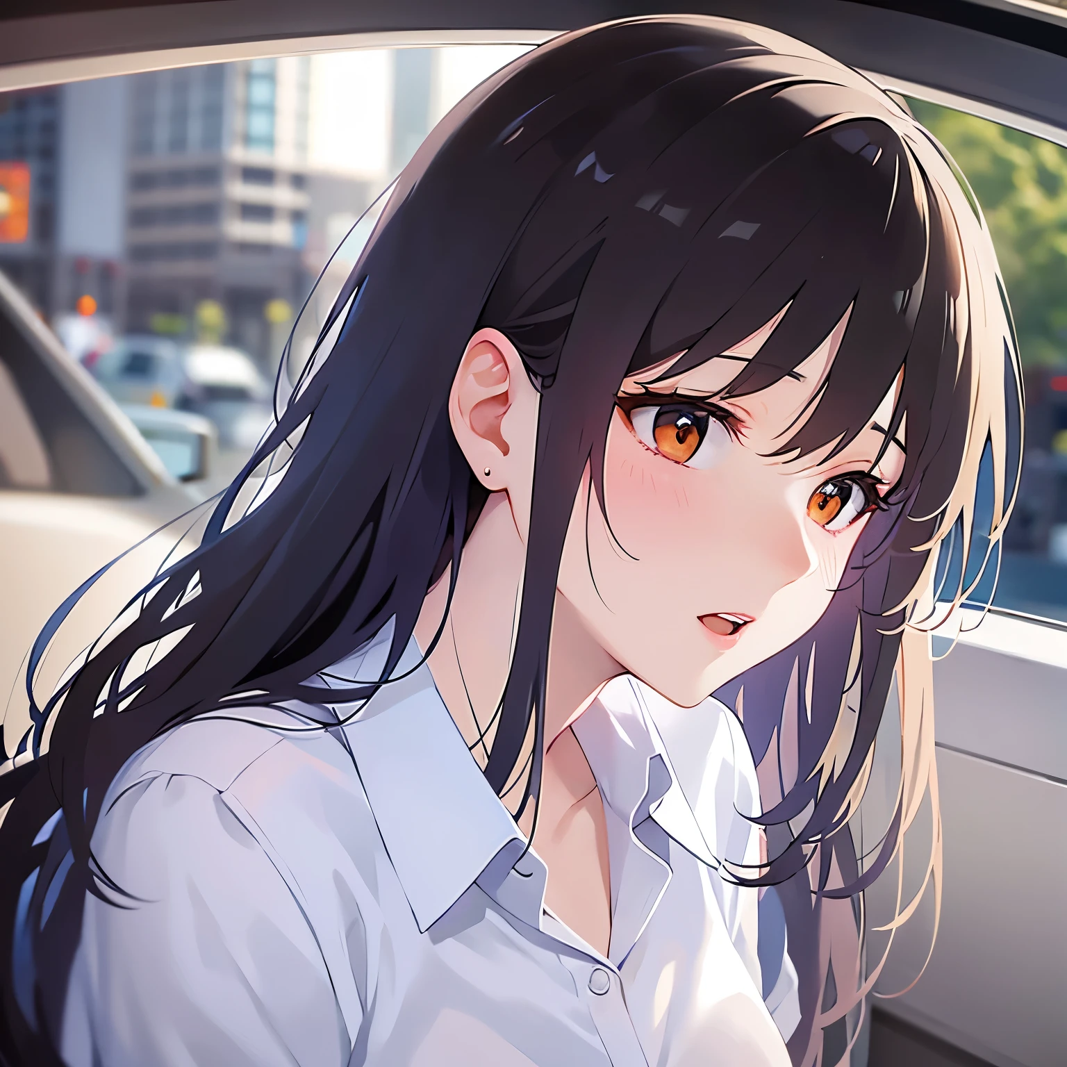 side angle,(looking away:1.5),Upper Body,carから出ようとしている、
Realistic, real person, (pale skin: 1.2), RAW photo, photorealistic, shiny skin, shiny hair、
(A 2 woman with medium-length hair and bangs) and (wavy hair) and (brown hair) and (orange eyes) ,
(white collared shirts)
(flustered:1.5)、open mouth,
car、(alone:1.5)