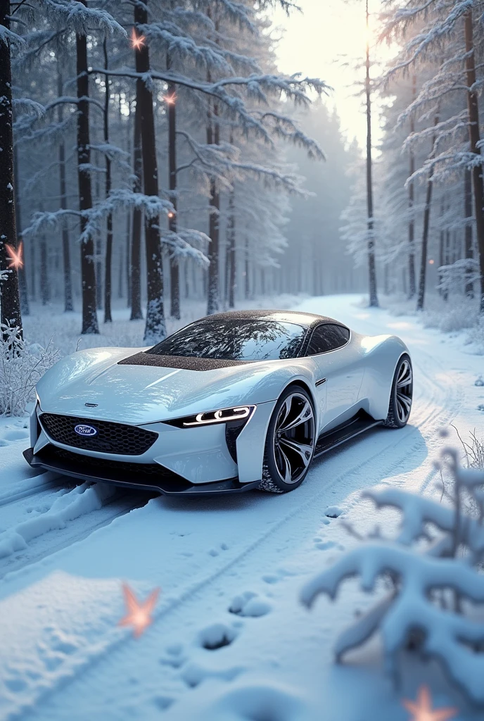 1 white futuristic ford focus style dream car, 17 inch shiny wheels, driving through a snow forest path dodging fairies and butterflies, hyper detailed