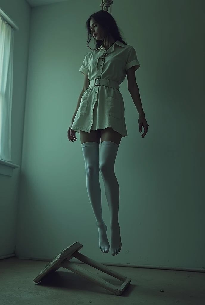Nurse scene in white thigh high socks, hanged, thòng lọng, hovering in the air , The chair fell at the nurse&#39;s feet. 