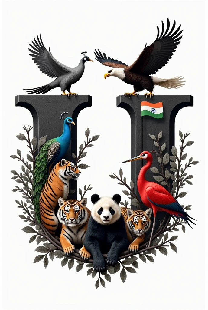 Create a U logo with American eagle,Indian green 
peacock, indian bengal tiger,china panda, china red crowned crane bird in word itself not excluding boarder in black and white colour
