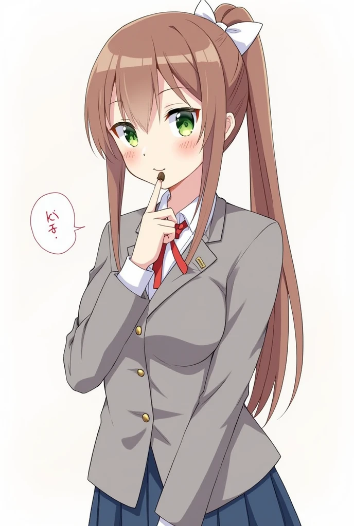 Monika, bangs, very long hair, smile, long hair, neck ribbon, looking at viewer, ponytail, shirt, school uniform, hair bow, white bow, pleated skirt, brown hair, grey jacket, sidelocks, solo, blush, blue skirt, skirt, 1girl, breasts, blazer, green eyes, eating poop, poop in the mouth,