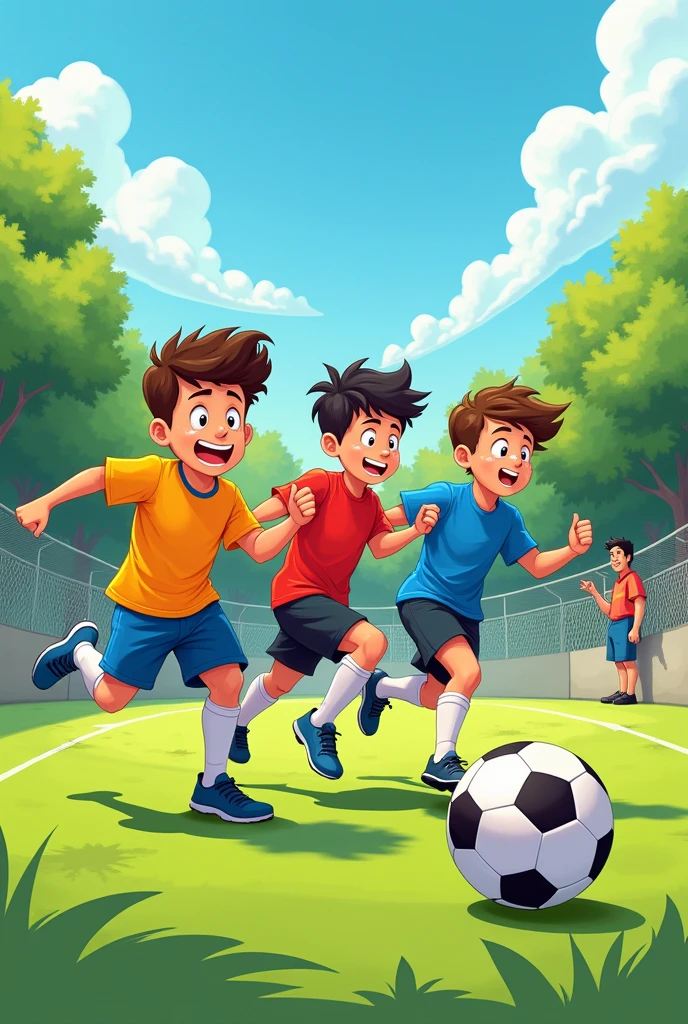 Cartoon of teenage boys playing soccer and a man watching them