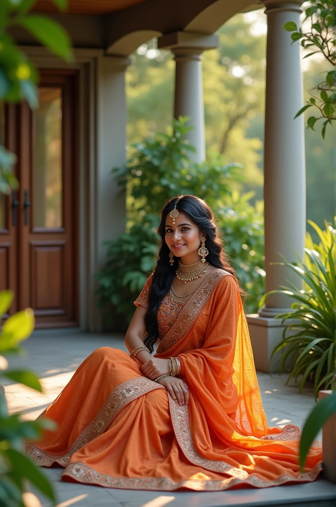 indian young, elegant woman in a traditional outfit sitting peacefully on the veranda of a newly furnished house, surrounded by greenery.