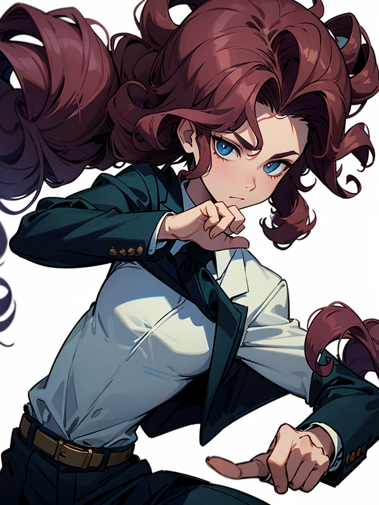 Mysterious Thief man in a suit with curly permed hair against a white background.