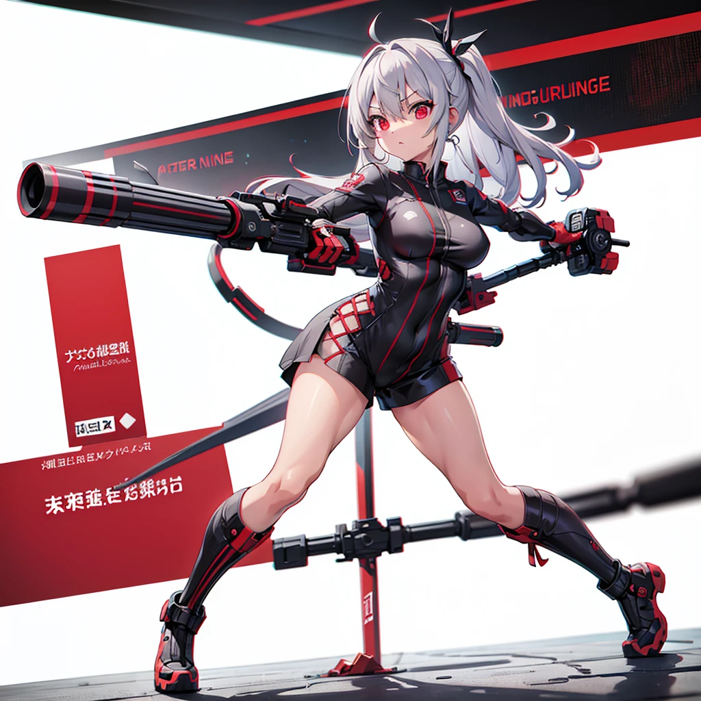 Perfect Anatomy、(masutepiece, Best Quality), (Perfect athlete body:1.2), (detailed hairs), Ultra-detailed, Anime style, Full body, Cyberpunk Ninja Gunner Girl, Wearing Techwear, Red Accessories, Wielding a huge high-tech gun, Black and white hair, stew, Mechanical arm guard, Wear high-tech boots, 8K High Resolution, trend artstation, White background, Standing in the wasteland, Whole body,