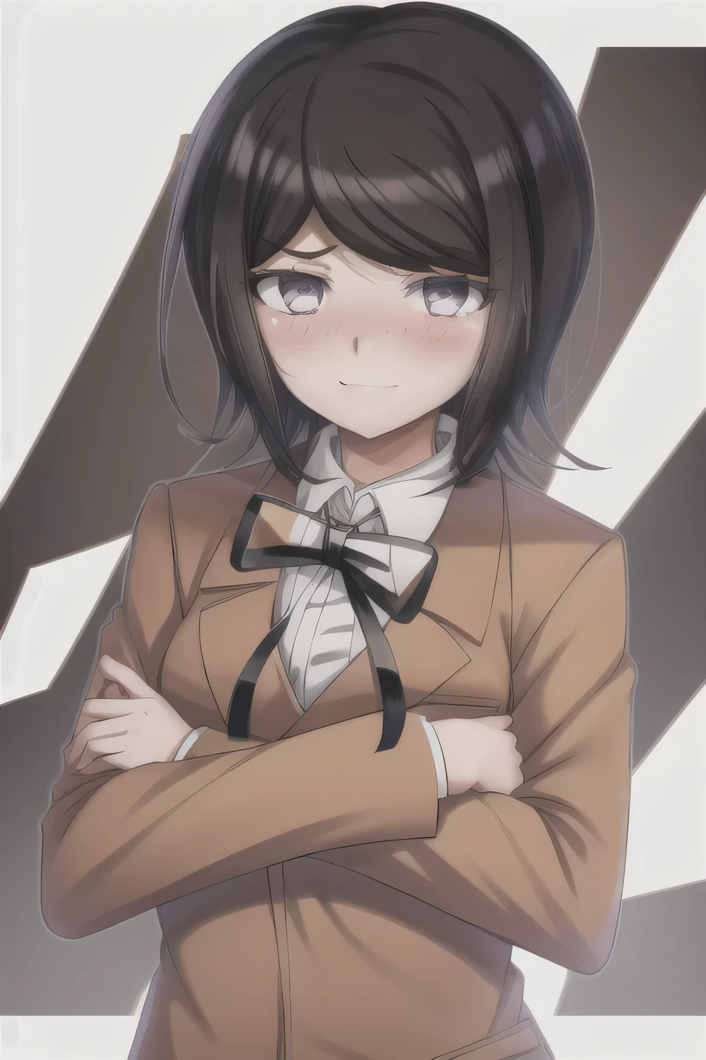 Mukuro Ikusaba. Masterpiece, Best Quality, 1girl, solo, jacket, ribbon, shirt, neck ribbon, upper body, looking at viewer with shy blushing smile, collared shirt, brown jacket, white shirt, black ribbon, breasts, simple background, closed mouth, white background, long sleeves, shiny hair, school uniform, transparent background, medium breasts, shiny.