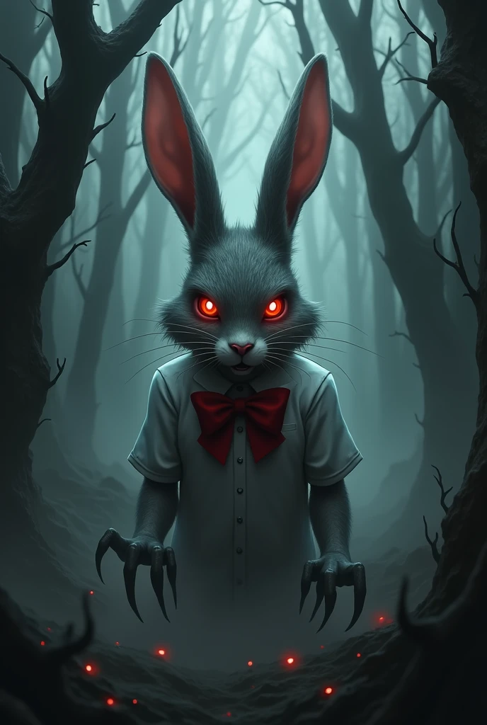 Evil female rabbit with red bow in a spooky forest. wearing a closed shirt and sharp claws