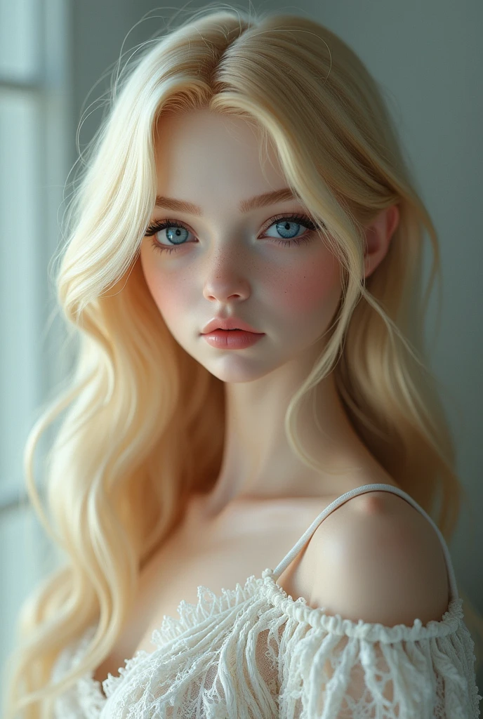 Girl with blonde hair and blue eyes who look like unreal like a bjd doll but still builded as normal human with soft feature