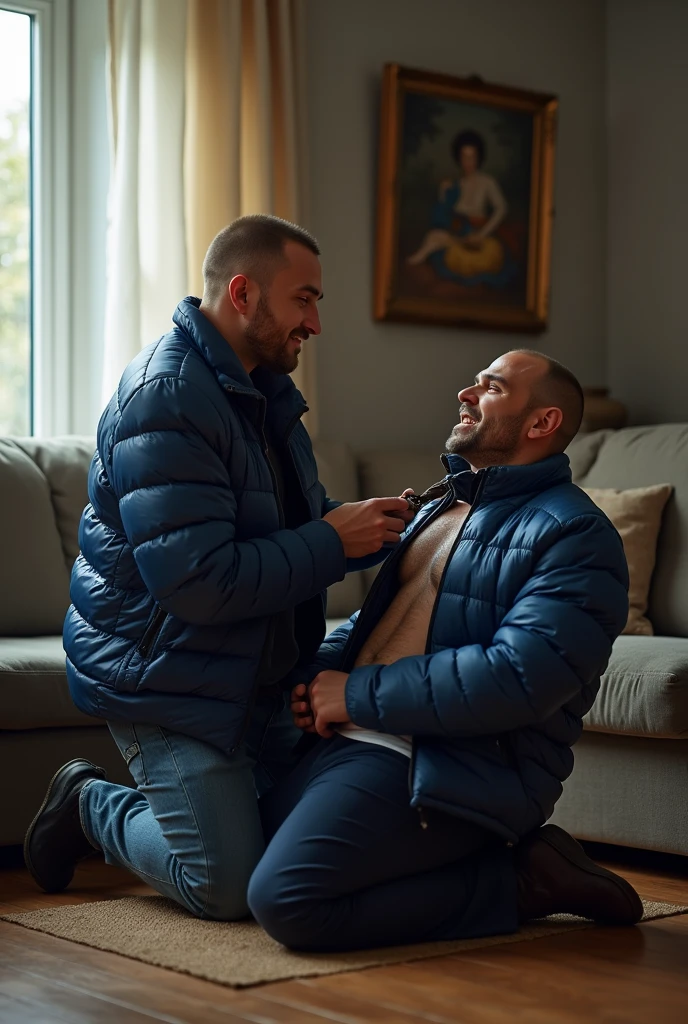 Violent BDSM with two visibly handsome and seductive macho gay men hyper-realistic, BDSM image, RAW, high resolution, high definition, high texture, showing two extremely seductive and handsome men together in a living room with high natural lighting. Wonderful and seductive uncle, 4, short hair with signs of initial baldness, wearing pants and an *extremely shiny blue nylon puffer jacket* open, exposing his hairy chest and slightly prominent belly. He is kneeling on the floor, *wearing a collar around his neck*, being pulled by the collar by his nephew, a very handsome and domineering man, 2, natural physique, dressed in a dress shirt and casual pants, next to his wonderful uncle submissive. (((The *domineering nephew, with a maliciously authoritarian expression, pulls the leash of the collar attached to the submissive uncle's neck*, while the submissive uncle, *kneeling*, expresses that he is visibly humiliated))). High natural lighting, which enhances the realism of the BDSM image. The image must capture every detail accurately, emphasizing the BDSM interaction and the role contrast between the two men together (dominant nephew together with the submissive uncle), highlighting the realistic BDSM image with two handsome and seductive men together. Super details, best quality, anatomically correct, accurate.