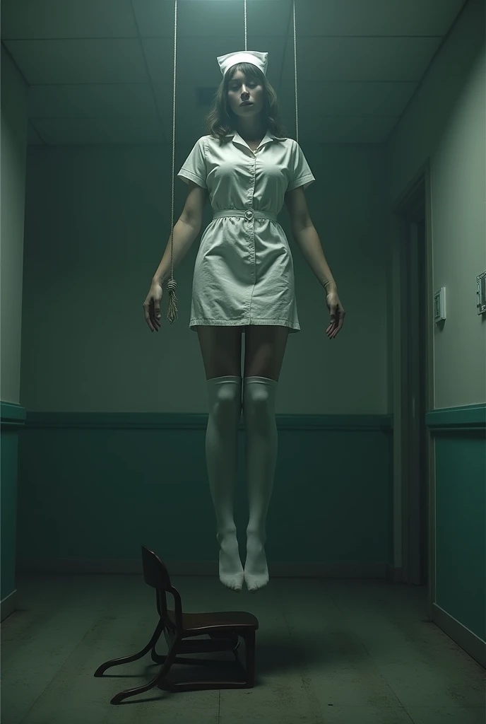 Nurse scene in white thigh high socks, hanged, thòng lọng, hovering in the air , The chair fell at the nurse&#39;s feet. 