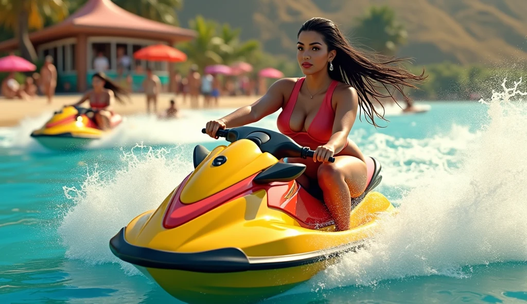 beautiful, plump, mexican woman, detailed eyes, beautiful detailed lips, extremely detailed eyes and face, longeyelashes, full body, 1woman, professional, neat long hair, tight ponytail, wearing colorful summer clothes, adventurous, riding a jet ski, (best quality,4k,8k,highres,masterpiece:1.2),ultra-detailed,(realistic,photorealistic,photo-realistic:1.37),studio lighting,vivid colors,sharp focus,physically-based rendering,extreme detail description