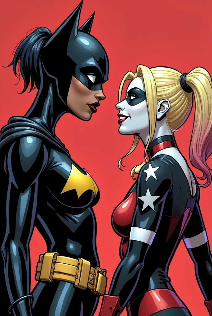 manhwa style, Short haired African Batwoman gives a blowjob to Harley Quinn