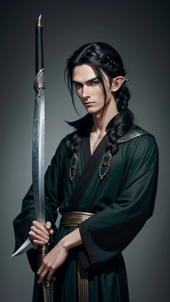 Black haired male elf, slender face, high cheek bones, haughty expression with piercing blue eyes. Hair braided into a shoulder length ponytail with small silver pins decorating its length. Standing, looking at viewer, dressed in long, dark green robes. Holding a curving scimitar by the hilt in one hand - the blade of which rests on his shoulder. Oil painting. 