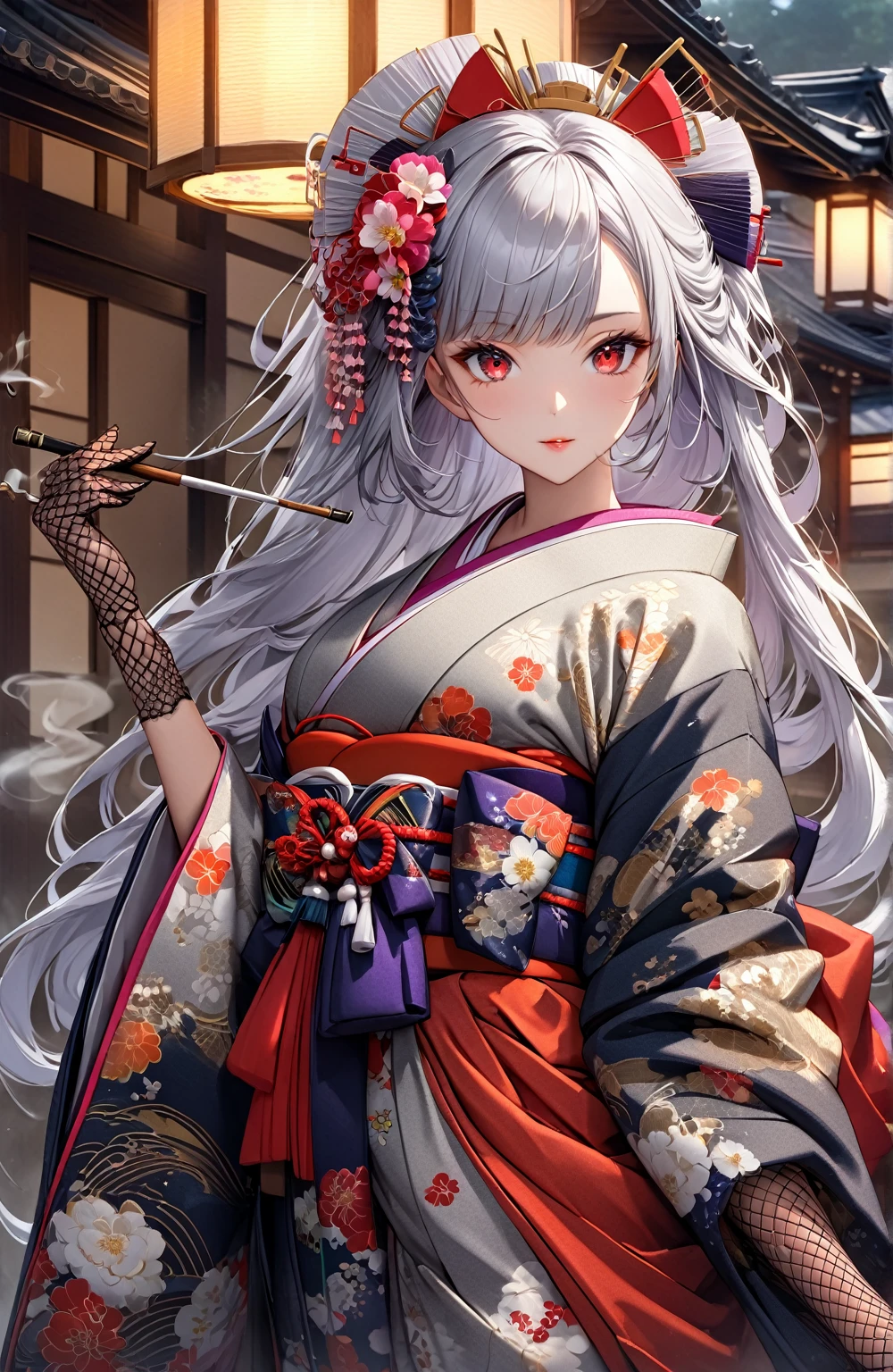 Ultra high resolution, rich colors, perfect image, top quality, detailed image, beautiful woman, glowing skin, texture of skin and clothes, delicate eyes, Showa era town, mansion, geisha, furisode, haori, fishnet gloves, smoking pipe, long silver hair, red eyes