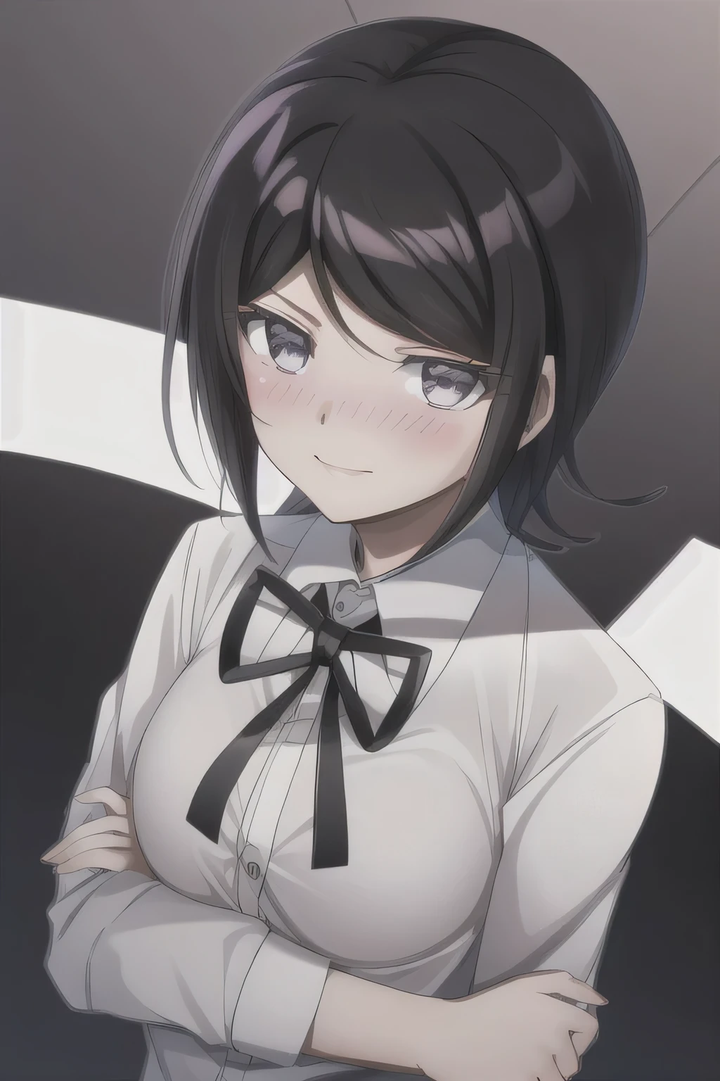 Mukuro Ikusaba. Masterpiece, Best Quality,  1girl, solo, jacket, ribbon, shirt, neck ribbon, upper body, looking at viewer with shy blushing smile, collared shirt, brown jacket, white shirt, black ribbon, breasts, simple background, closed mouth, white background, long sleeves, shiny hair, school uniform, transparent background, medium breasts, shiny. 