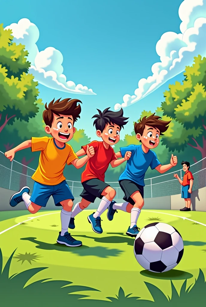 Cartoon of age boys playing soccer and a man watching them