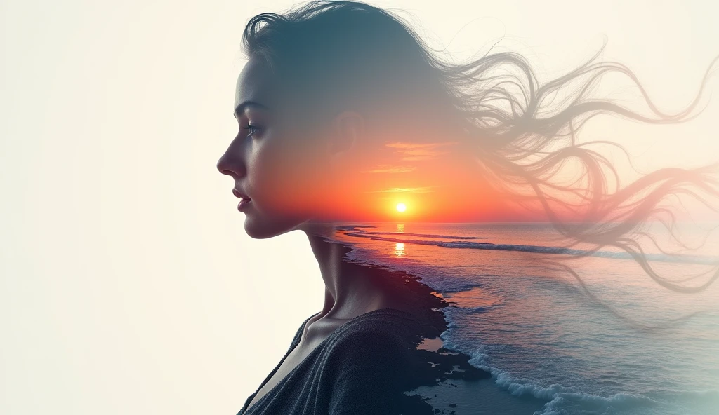 high quality, 8K Ultra HD, A beautiful double exposure that combines an goddess silhouette with sunset coast, sunset coast should serve as the underlying backdrop, with its details incorporated into the goddess , crisp lines, The background is monochrome, sharp focus, double exposure, by yukisakura, awesome full color,