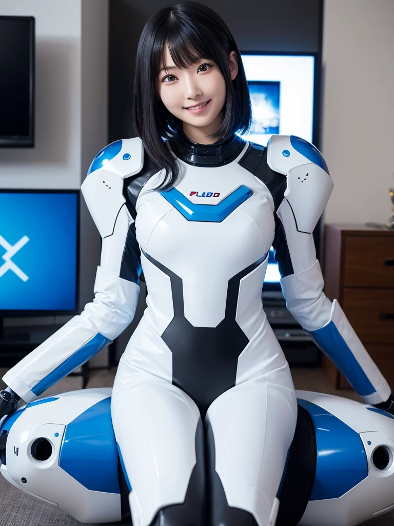 Japanese female android,Black Hair,White and blue robot suit,Plump,playing games on the TV in the living room,smile