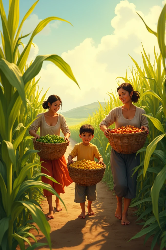 The scene is vibrant, with tall crops swaying in the wind. The family works together, filling baskets with the produce. The once barren land is now fertile and thriving.
The Rise to Prosperity
