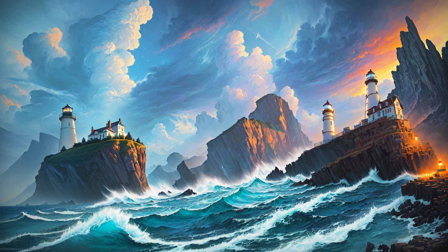a painting of a lighthouse on a rocky island with waves, and mumford ink, fractal trovão dan mumford, dan mumford and albert bierstadt, painting by dan mumford, inspirado em Cirilo Rolando, por Dan Mumford, in the artistic style of Dan Mumford, El Bosco e Dan Mumford, inspired por Dan Mumford, psychedelic surreal art, in the style dan mumford artwork