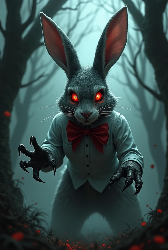 Evil female rabbit with red bow in a spooky forest. wearing a closed shirt and sharp claws