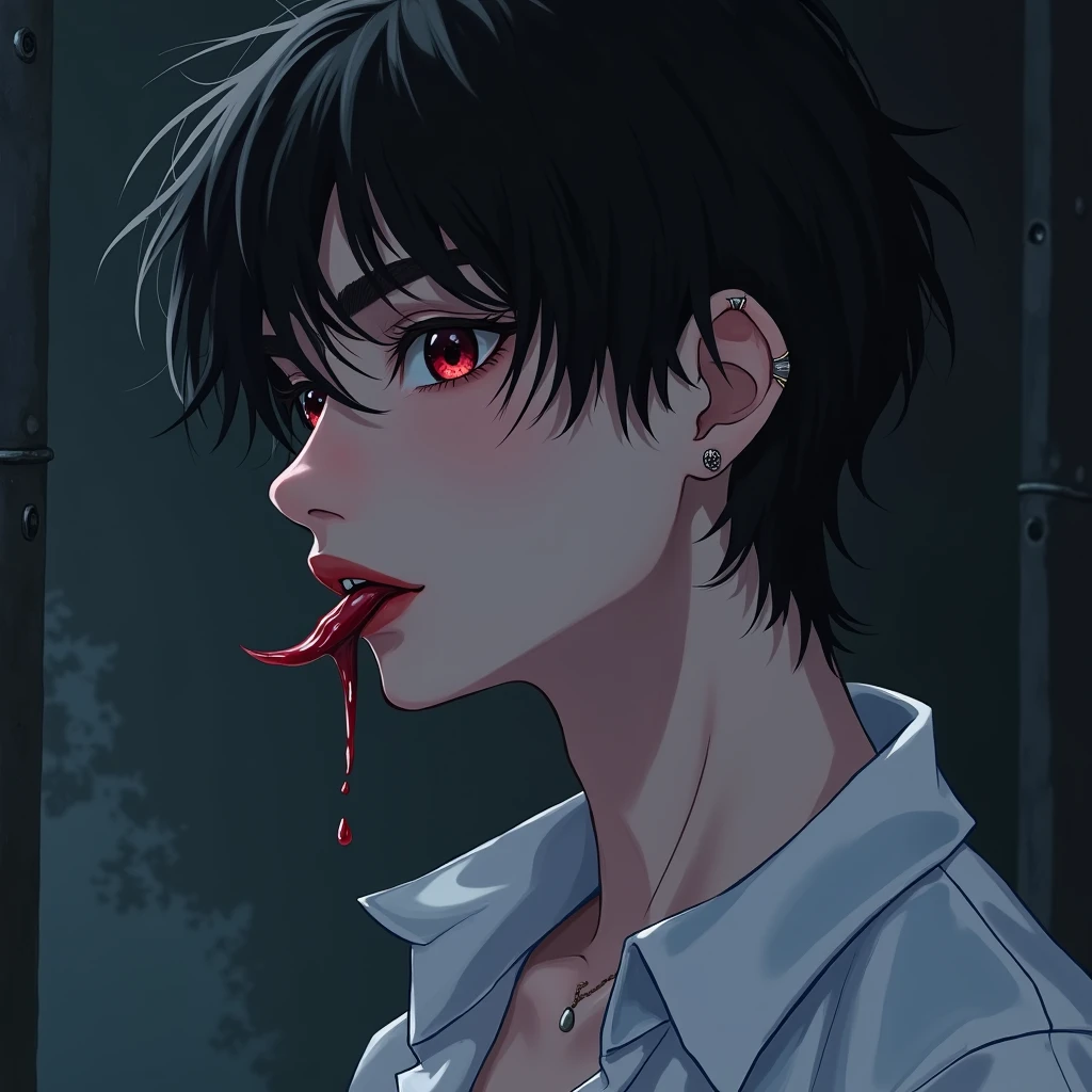 dark, dark lighting, solid black background, anime man, painted, canvas, painted style, ashy hair, detailed painted eyes, ((eating blood,)) pale skin, black suit with gloves, aloof, looking down, ((dark red tongue,)) bloody tongue, bloody teeth, gorey, ((eating organs)), bloody eyes, realistic blood