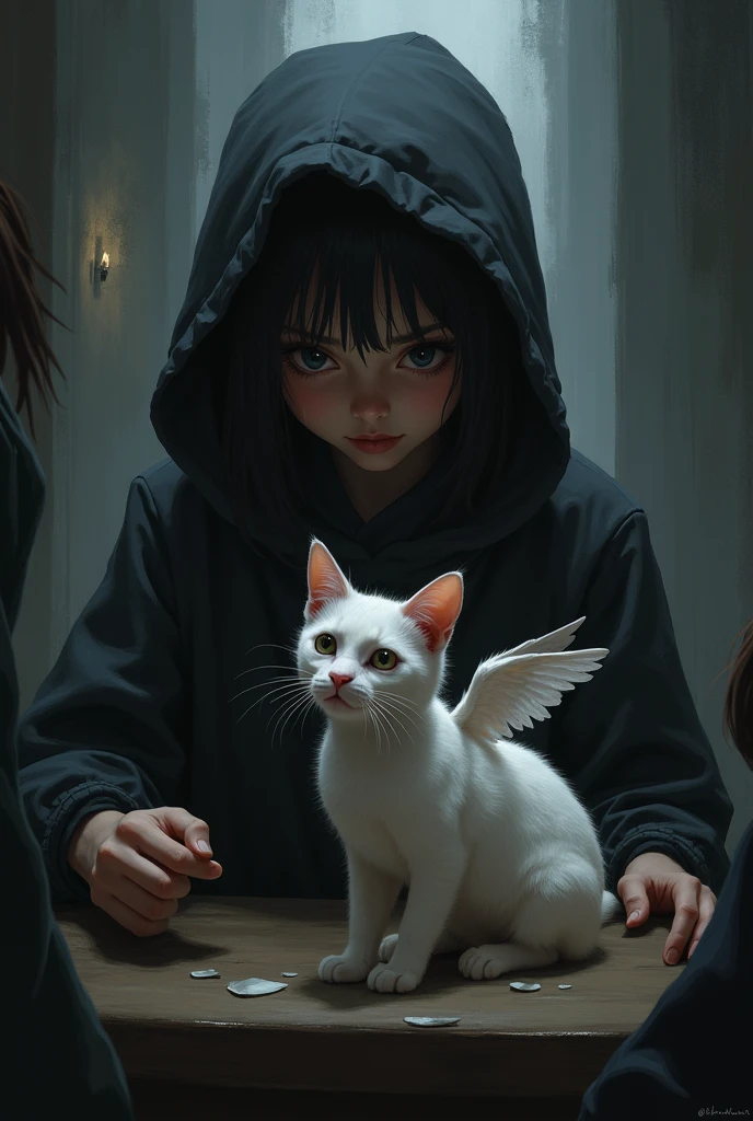 The scene takes a dark turn as the girl, now with a sinister expression, sells Angel Cat to a stranger. Angel Cat looks confused and scared, realizing she’s been betrayed.