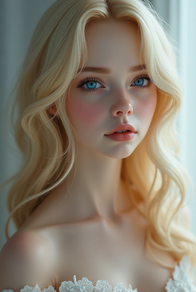 Girl with blonde hair and blue eyes who look like unreal like a bjd doll but still builded as normal human with soft feature