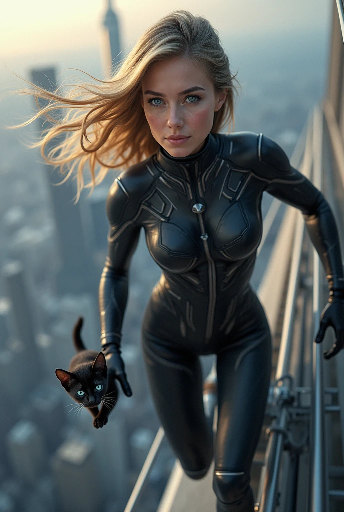 photorealistic superhero woman looking like a very young Jennifer Aniston wearing superhero clothes flies to save very very small scared black kitten with blue eyes, kitten stuck in the drainpipe on the roof at the great height of a skyscraper at a great height and can't get free