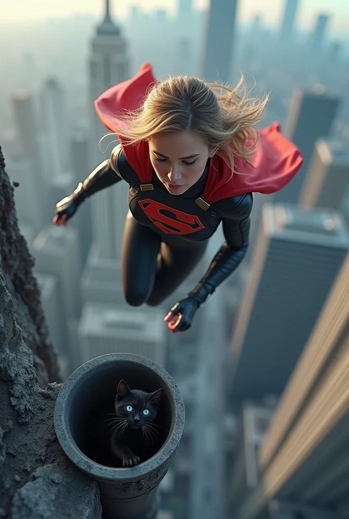 photorealistic superhero woman looking like a very young Jennifer Aniston wearing superhero clothes flies to save very very small scared black kitten with blue eyes, kitten stuck in the drainpipe on the roof at the great height of a skyscraper at a great height and can't get free