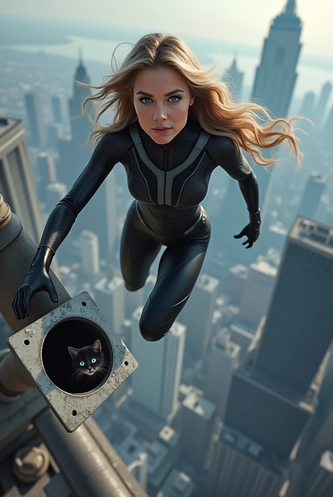 photorealistic superhero woman looking like a very young Jennifer Aniston wearing superhero clothes flies to save very very small scared black kitten with blue eyes, kitten stuck in the drainpipe on the roof at the great height of a skyscraper at a great height and can't get free