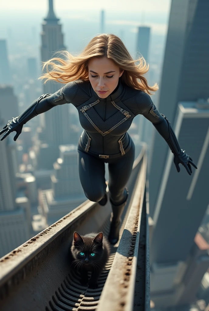 photorealistic superhero woman looking like a very young Jennifer Aniston wearing superhero clothes flies to save very very small scared black kitten with blue eyes, kitten stuck in the drainpipe on the roof at the great height of a skyscraper at a great height and can't get free