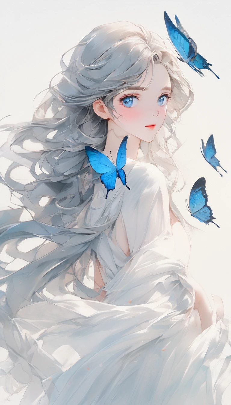 best quality, Super Fine, 16K, Ridiculous, Extremely detailed, Delicate and dynamic, Beautiful woman, Delicate pupils, sit, Beautiful posture, The body is blurred by gradient, Fusion of watercolor and oil painting, Fusion of paper cutting and shadow play, Attractive appearance, Excellent body proportions, Three-dimensional effect through light and shadow, eye-catching effect, Rainbow Gem Dust, wind, wind effects, modern Art, Background light color 1 girl, Transparent water, Blue Butterfly, Pure white gauze skirt, A sparkling girl，China costume，whole body，Sunlight，Clear face，Clean white background，masterpiece，Super Detail，Epic composition，Extremely detailed，Official Art，8k wallpaper，Super Detail，32K，Long hair，White hair，Large petals，微wind，chiffon，Blue Eyes，Gorgeous hair accessories，Kapok，high resolution， bust，moonlight，chiffon，Gorgeous clothes，masterpiece，Epic Works，Clean background，Flowing sleeves，bust，front