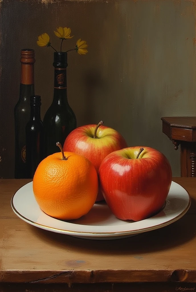 sketch oil pant picture apple and orange on the dish. they are in the room.