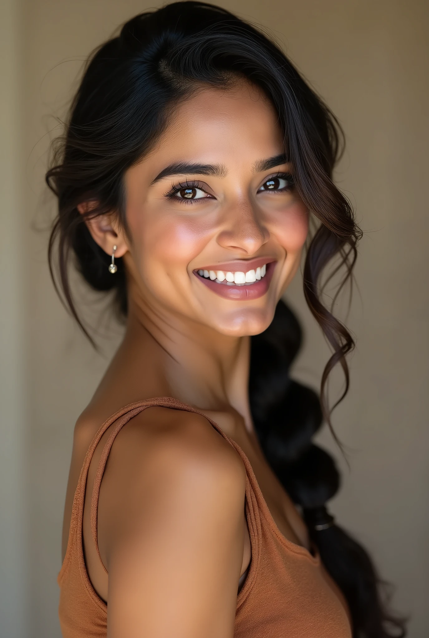 There is a young, Beautiful indian woman, who looks to the future like Katrina Kaif, Smiles into the camera, beautiful teeth, She looks into the camera, a portrait from raw photo, body, conservative modern europen color dress, ((hair Waterfall Braid),