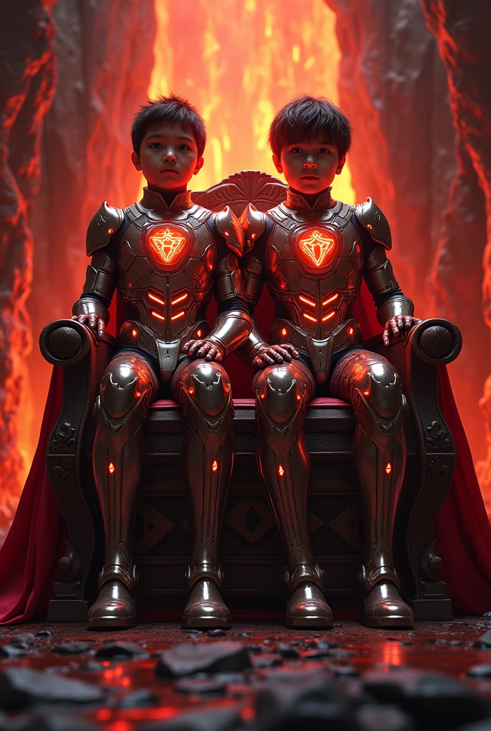 a 2 boy as super hero in hell and he is sitting throne and he is King of hell full super hero rad armour