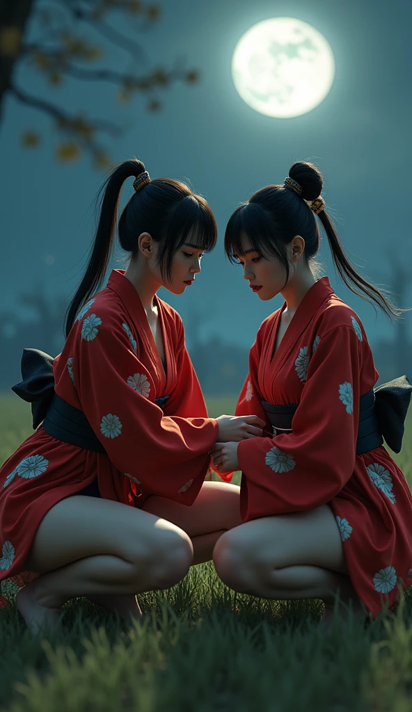 (Realistic:1.3), In detail, quality, Rembrandt Lighting, (masterpiece:1.2), (photoRealistic:1.2), (best quality), (Detailed skin:1.3), (Intricate details), dramatic, Ray Tracing, One girl, Japanese Girls, 2, Detailed skin texture, (blush:0.5), (It gives me goosebumps:0.5), Scattered beneath the surface, stare, anger, Serious expression, Busty Breasts, Ponytail hair, bangs, Hair between the eyes, Red Kimono, Red kimono, Floral print, Half-squat, Action pose, (Sword Drawing Technique:1.1), (night, night sky, Wide々Grassland, full moon), The length of the kimono is short, revealing her thighs and beautiful legs.,Not anime-style,Real People,