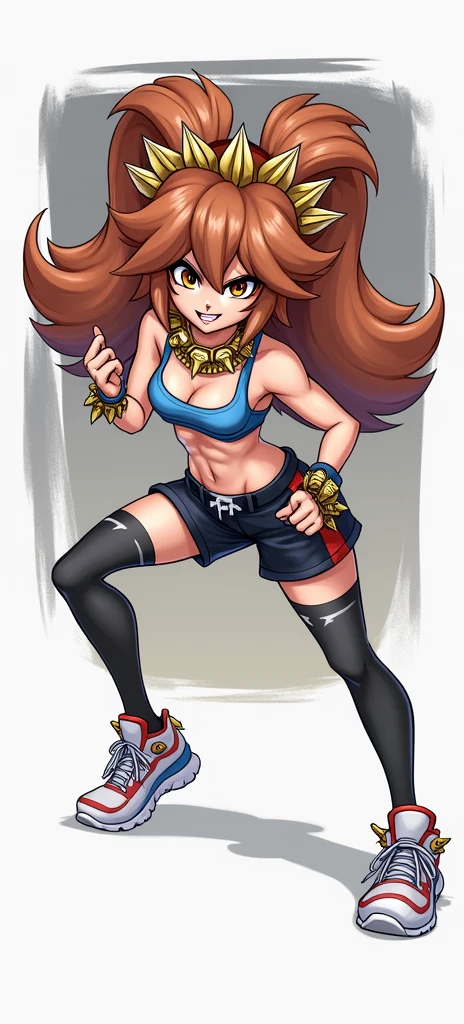 Girl similar to Princess Daisy from Mario, Super Mario Strikers style, wears a spiked collar, a blue short shirt, she is furious, brown eyes, wears black shorts,
