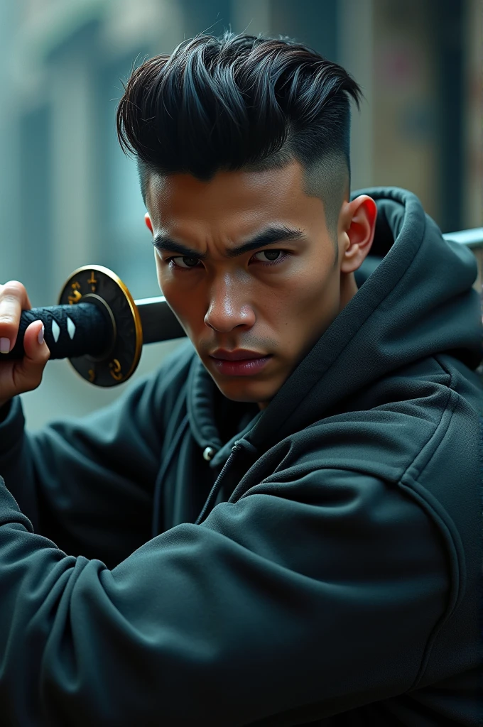 Stylish fade under cut hairstyle in men wearing hoodie with katana sword