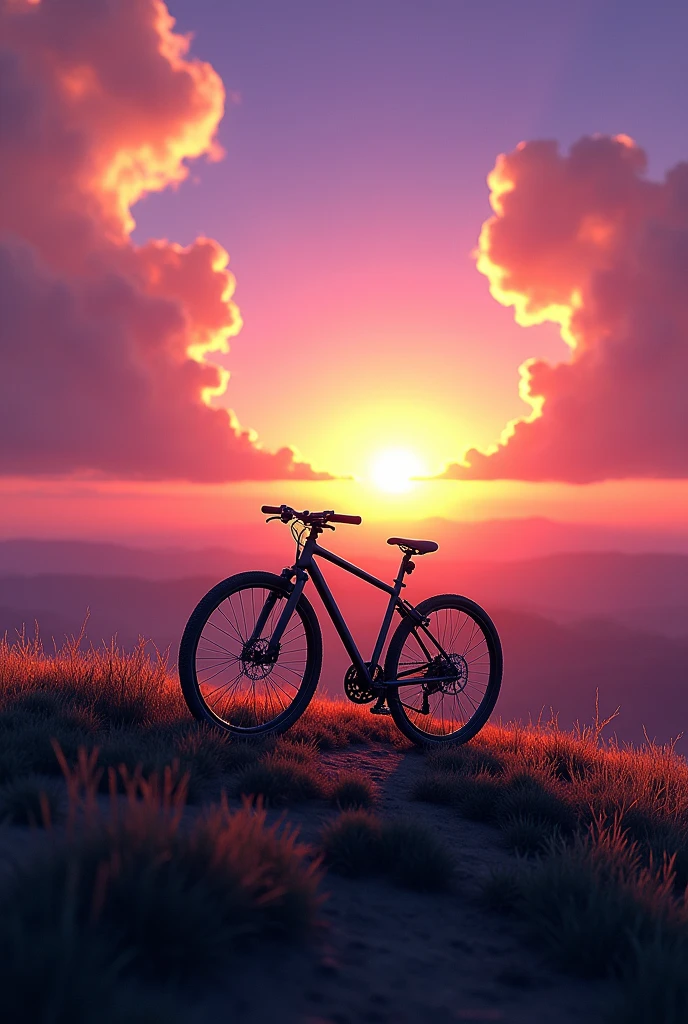 Realistically、The bicycle runs View from the top of a small hill、Depth emphasis、Spectacular purple and orange sunset、There are big clouds