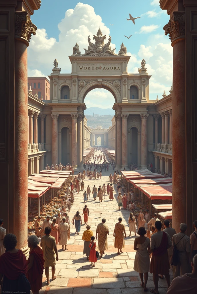 busy market in ancient roman city. sunset. historic rome. 1st century. praetorians in distance.