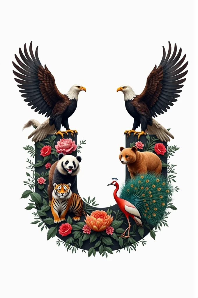 Create a U logo with American eagle,Indian green
peacock, indian bengal tiger,china panda, china red crowned crane bird in word itself not excluding boarder in black and white colour