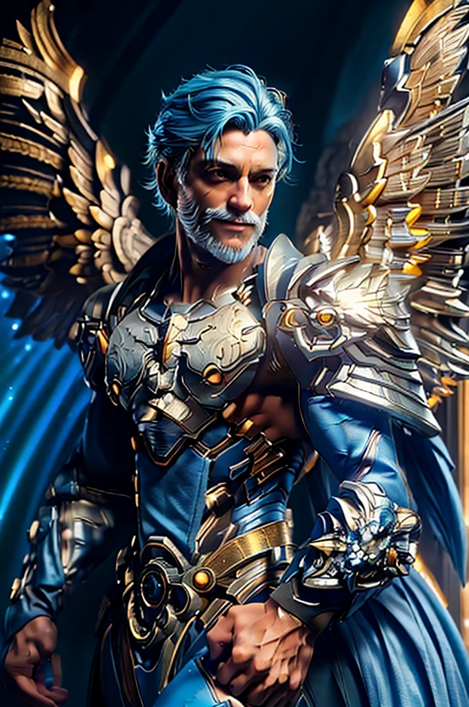 a male angel with light blue hair,bright golden eyes,perfect smile,average build,detailed eyes and face,extremely detailed skin,delicate facial features,heavenly atmosphere,cinematic lighting,intricate angelic wings,glowing aura,serene expression,masterpiece,photorealistic,8k,hyper detailed,dramatic lighting,cinematic,muted colors,soft warm glow