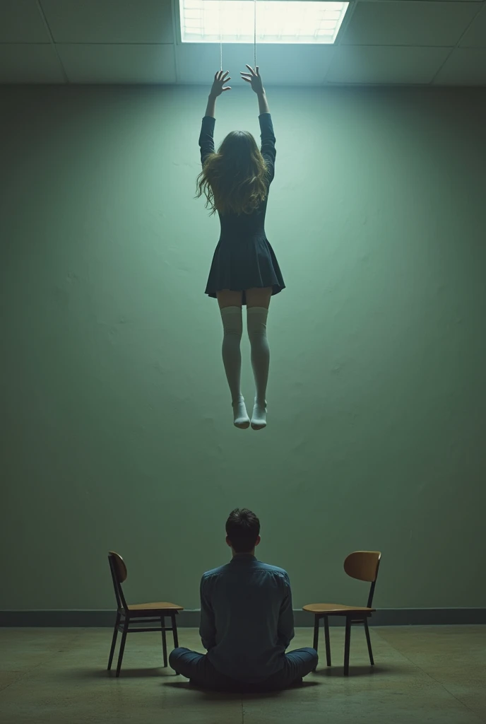 Scene of female student wearing white thigh high socks hanging herself to death ,hovering in the air , a man sitting on the ground in panic with a chair on the ground 