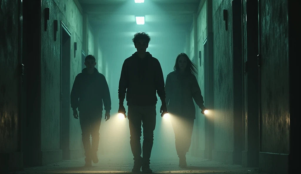 front view of Three students cautiously walking through a dusty corridor in an old dormitory. They are holding flashlights that cast narrow beams of light from flashlights , illuminating the thick dust in the air and the eerie, abandoned surroundings