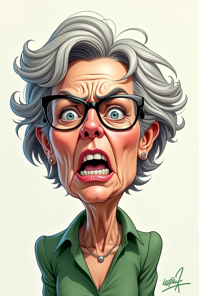 Fais moi sandrine rousseau le plus fidèlement possible eelv qui s'énerve 
Lunettes cheveux courts et gris 
Sandrine rousseau la deputé francaise
Caricature