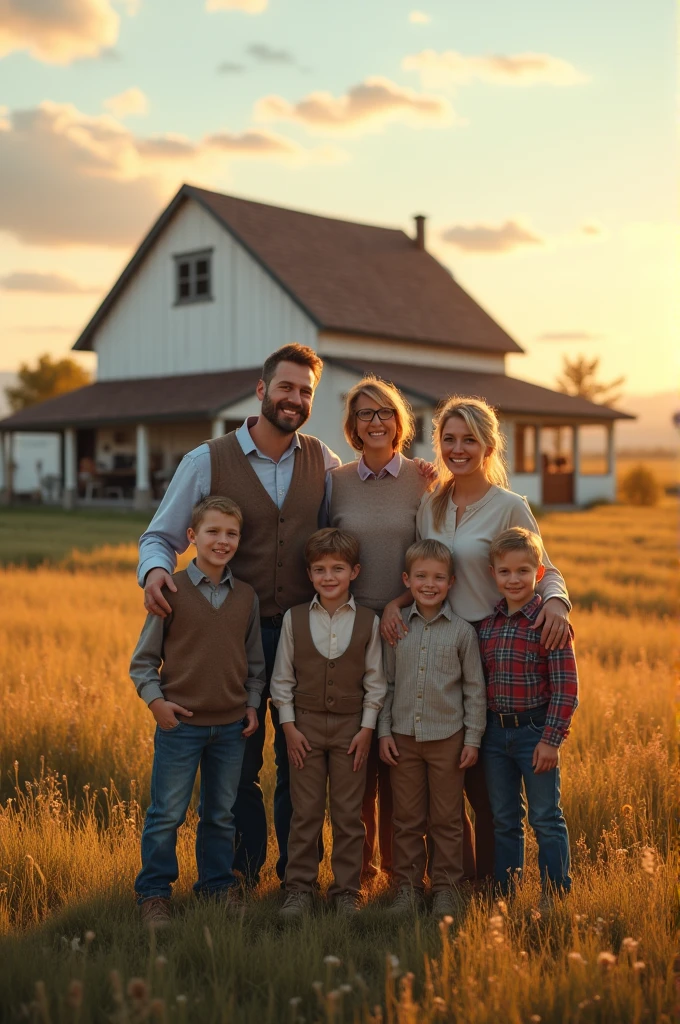 The family stands proudly in front of their new, larger farmhouse, with more land stretching out behind them. They are dressed in slightly better clothes, symbolizing their rise in status.