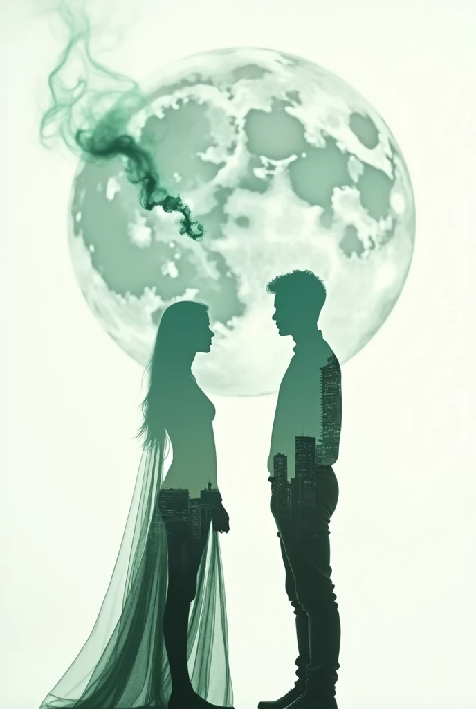 in style of Harry Bertoia,(in style of by Liu Ye:0.9),
(double exposure:1.4),moon , (2persons facing each other) ,a wisp of green smoke,(minimalist style:1.6),futuristic urban silhouette,(pure white background:1.4),(moon solo focus:1.6),(stick figures combined with double exposure:1.2),